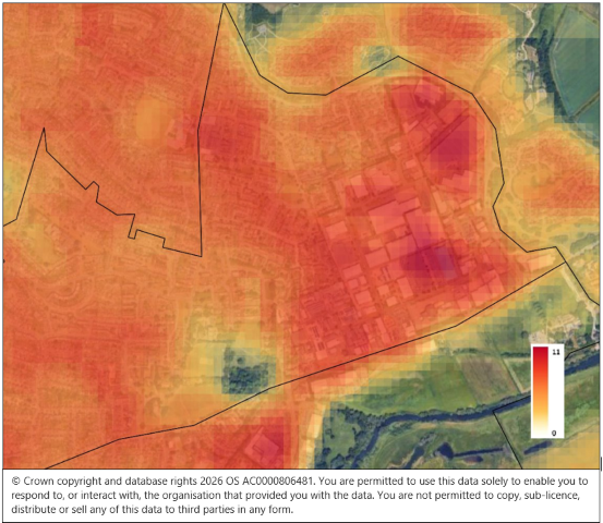 Bedford Urban Heat Index map showing temperature variations at 30-metre pixel resolution