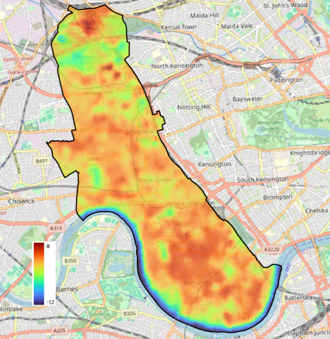 Hammersmith & Fulham urban heat index map showing surface temperature variation across the borough