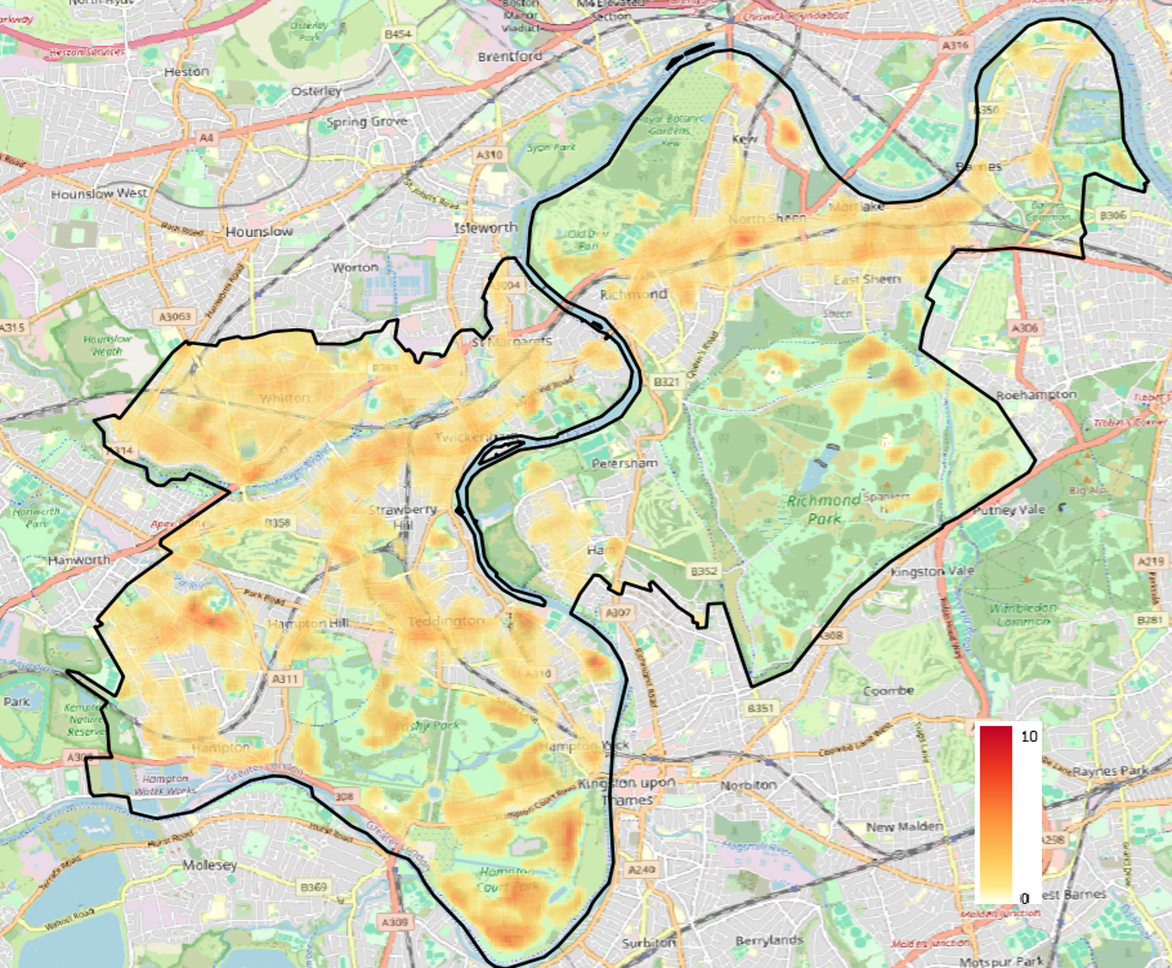 Urban Heat Index map for the London Borough of Richmond, showing surface temperatures relative to the average of cool vegetated areas at 30-metre resolution