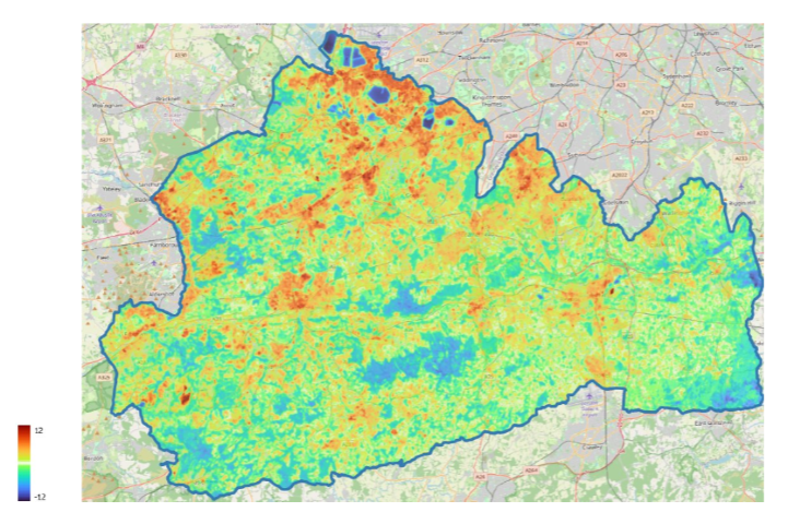 Surrey urban heat index map showing temperature variation across the county's varied landscape