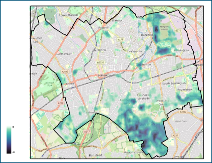 Sutton urban heat map showing areas cooler than the average of vegetated areas