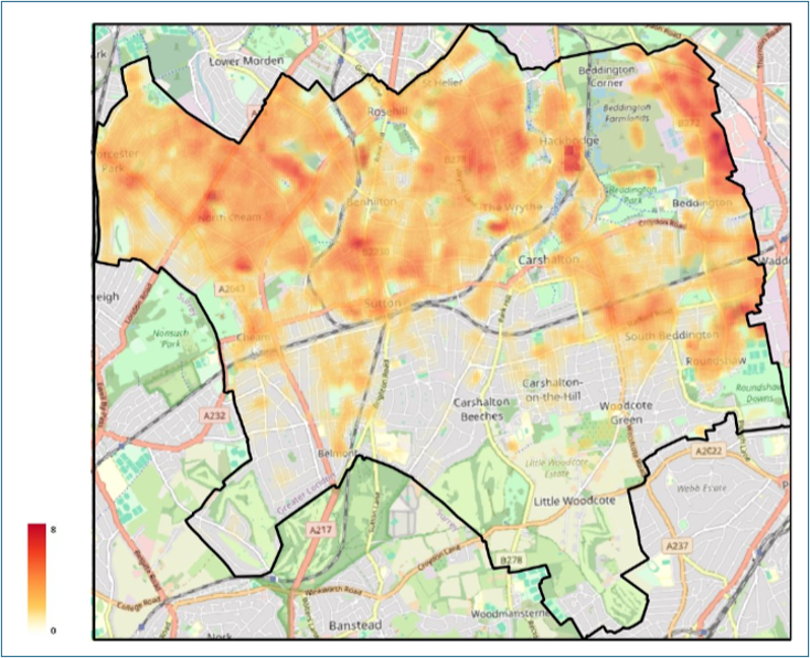 UHI anomaly map of Sutton, UK showing surface temperature differences from cool vegetated baseline