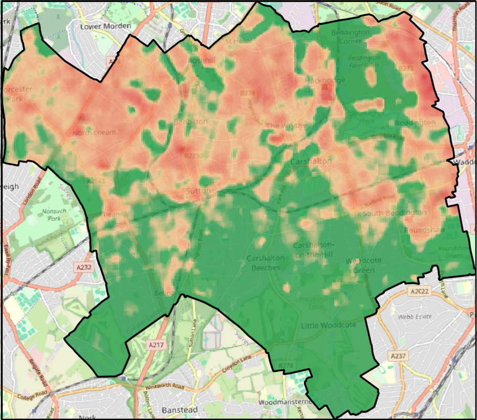 UTFVI map of Sutton, UK classifying thermal stress across the area
