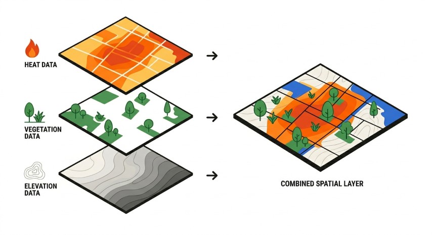 UHIX combining layers — satellite, vegetation and elevation data fused into a continuous urban heat map